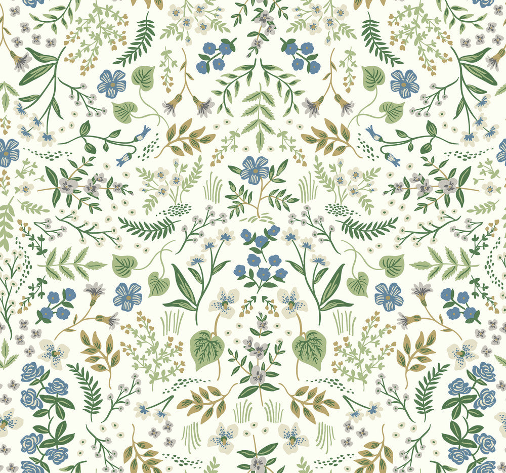 Wildwood Blue & Green Wallpaper by Rifle Paper Co. Rifle Paper Co. Covers about 60.8 square feet 27-in by 27-ft long roll Unpasted 25.25 - Fabric Carolina -