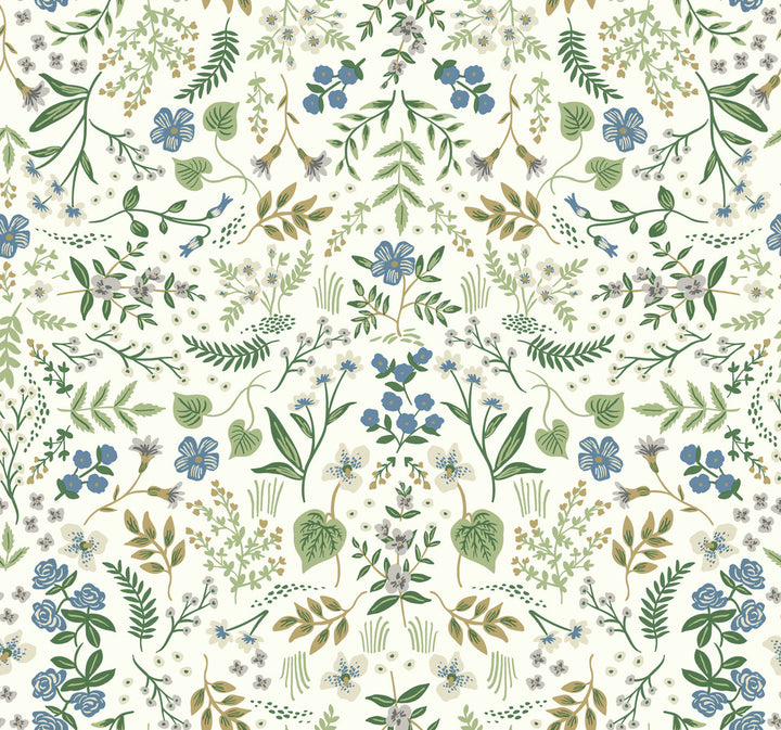 Wildwood Blue & Green Wallpaper by Rifle Paper Co. Rifle Paper Co. Covers about 60.8 square feet 27-in by 27-ft long roll Unpasted 25.25 - Fabric Carolina -