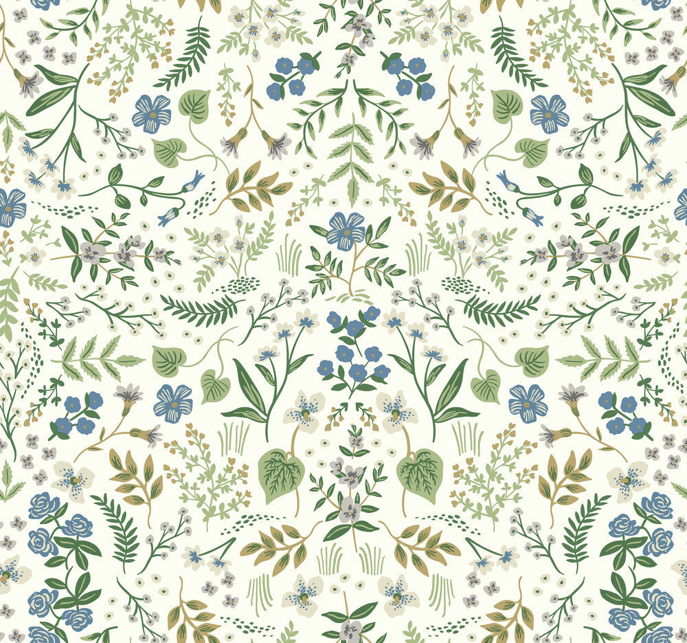 Wildwood Blue & Green Wallpaper by Rifle Paper Co. Designer Rifle Paper Co. Covers about 60.8 square feet 27-in by 27-ft long roll Unpasted 25.25 - Swanky Fabrics -