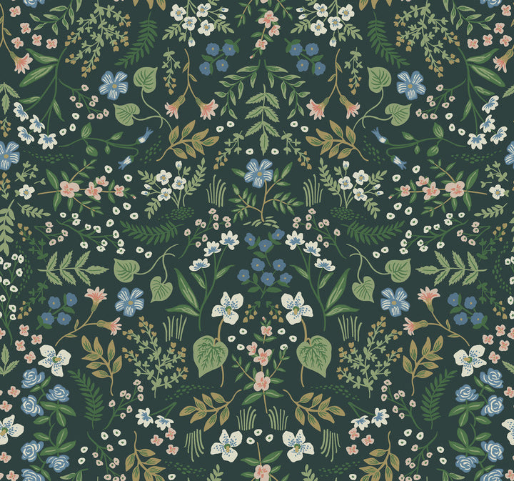 Wildwood Hunter Green Wallpaper by Rifle Paper Co. Designer Rifle Paper Co. Covers about 60.8 square feet 27-in by 27-ft long roll Unpasted 25.25 - Swanky Fabrics -