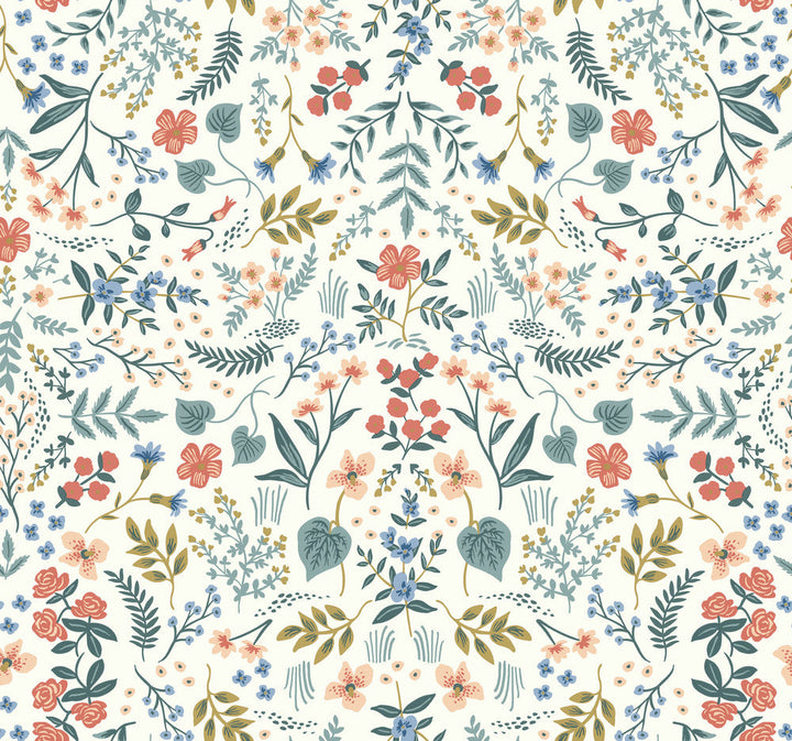 Wildwood Beige & Coral Wallpaper by Rifle Paper Co. Designer Rifle Paper Co. Covers about 60.8 square feet 27-in by 27-ft long roll Unpasted 25.25 - Swanky Fabrics -