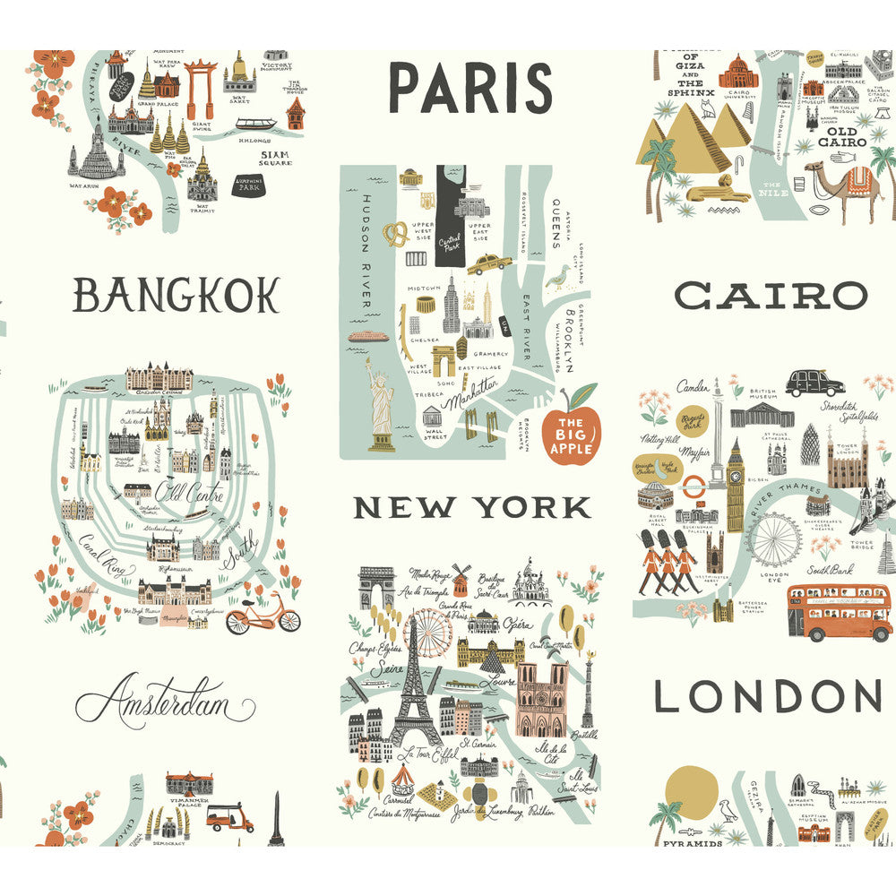 City Maps Mint Metallic Wallpaper by Rifle Paper Co. Rifle Paper Co. Covers about 60.8 square feet 27-in by 27-ft long roll Unpasted 24 - Fabric Carolina -