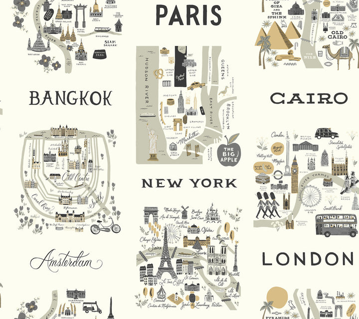 City Maps Grey & Gold Wallpaper by Rifle Paper Co. Rifle Paper Co. Covers about 60.8 square feet 27-in by 27-ft long roll Unpasted 24 - Fabric Carolina -