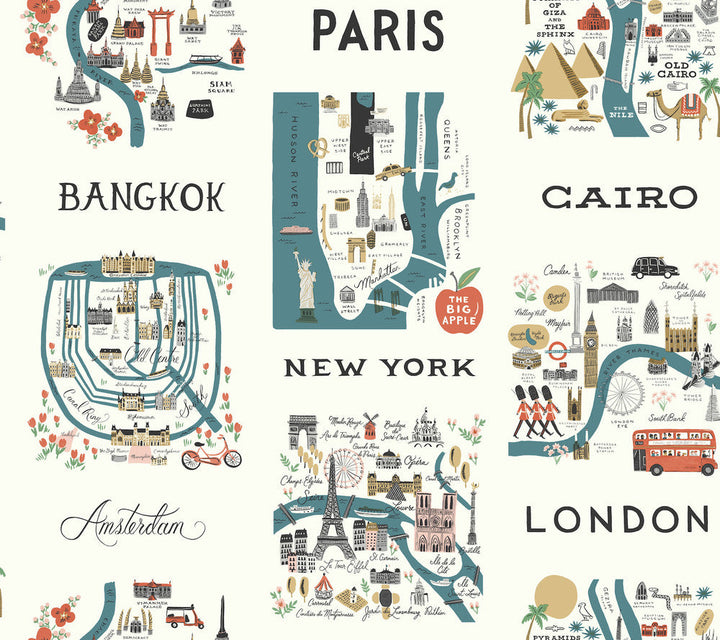 City Maps Blue & Red Wallpaper by Rifle Paper Co. Designer Rifle Paper Co. Covers about 60.8 square feet 27-in by 27-ft long roll Unpasted 24 - Swanky Fabrics -