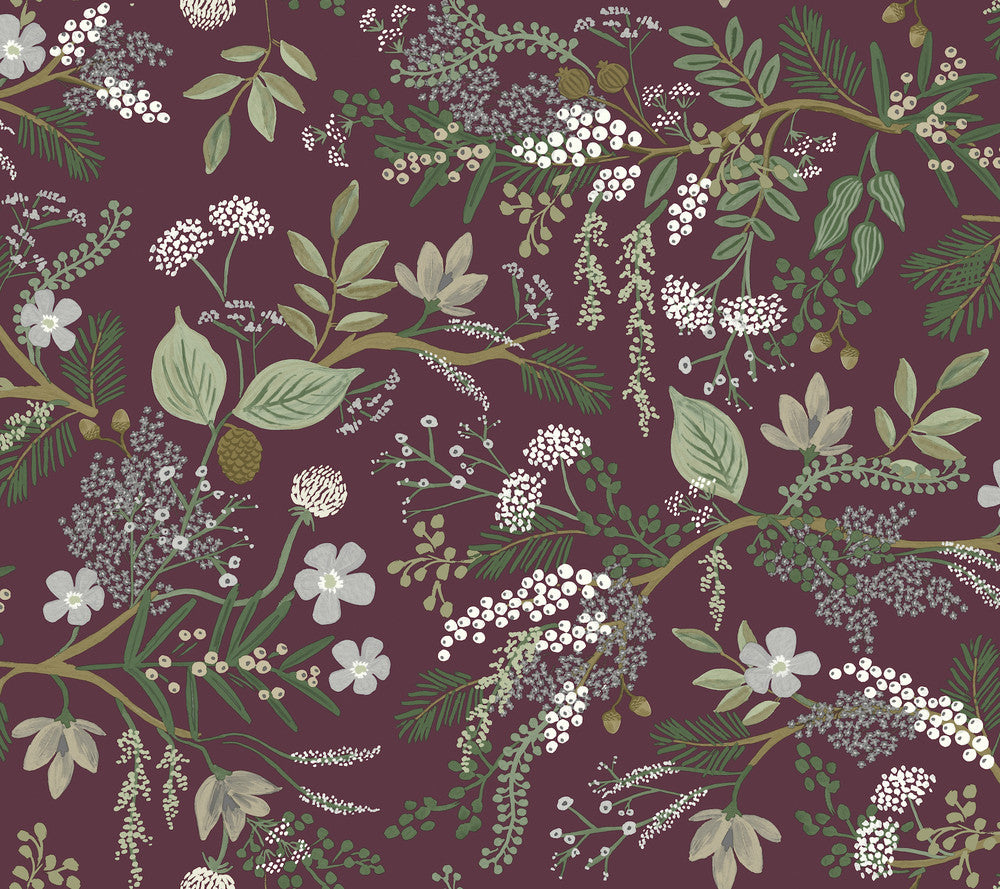 Juniper Forest Burgundy Wallpaper by Rifle Paper Co. Rifle Paper Co. Covers about 60.8 square feet 27-in by 27-ft long roll Unpasted 24 - Fabric Carolina -