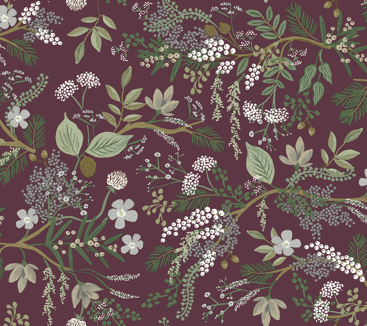 Juniper Forest Burgundy Wallpaper by Rifle Paper Co. Rifle Paper Co. Covers about 60.8 square feet 27-in by 27-ft long roll Unpasted 24 - Fabric Carolina -