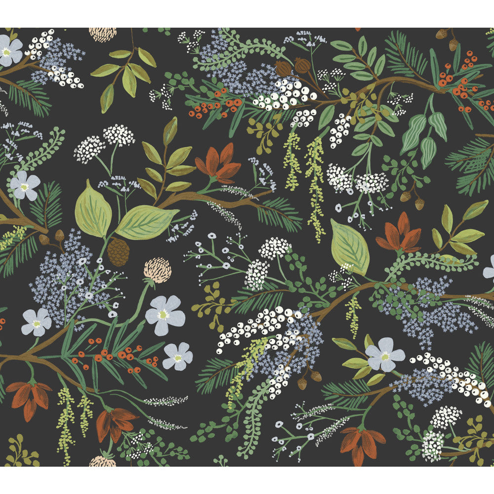 Juniper Forest Black Wallpaper by Rifle Paper Co. Rifle Paper Co. Covers about 60.8 square feet 27-in by 27-ft long roll Unpasted 24 - Fabric Carolina -