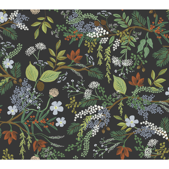 Juniper Forest Black Wallpaper by Rifle Paper Co. Designer Rifle Paper Co. Covers about 60.8 square feet 27-in by 27-ft long roll Unpasted 24 - Swanky Fabrics -