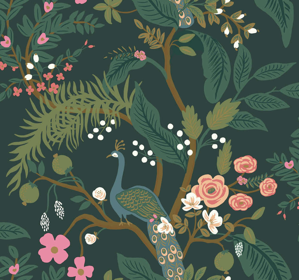 Peacock Emerald Wallpaper by Rifle Paper Co. Rifle Paper Co. Covers about 60.8 square feet 27-in by 27-ft long roll Unpasted 25.25 - Fabric Carolina -