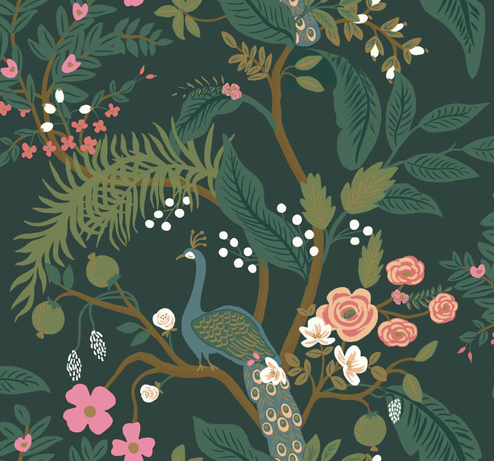 Peacock Emerald Wallpaper by Rifle Paper Co. Rifle Paper Co. Covers about 60.8 square feet 27-in by 27-ft long roll Unpasted 25.25 - Fabric Carolina -