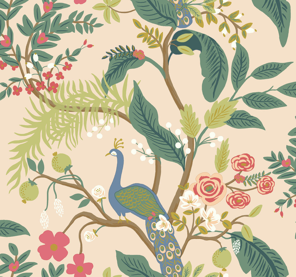 Peacock Light Pink Wallpaper by Rifle Paper Co. Rifle Paper Co. Covers about 60.8 square feet 27-in by 27-ft long roll Unpasted 25.25 - Fabric Carolina -