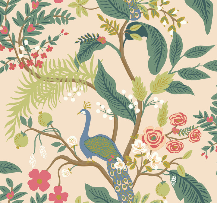 Peacock Light Pink Wallpaper by Rifle Paper Co. Rifle Paper Co. Covers about 60.8 square feet 27-in by 27-ft long roll Unpasted 25.25 - Fabric Carolina -
