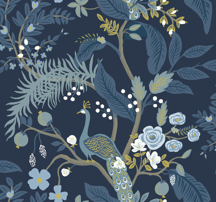 Peacock Navy Wallpaper by Rifle Paper Co. Rifle Paper Co. Covers about 60.8 square feet 27-in by 27-ft long roll Unpasted 25.25 - Fabric Carolina -