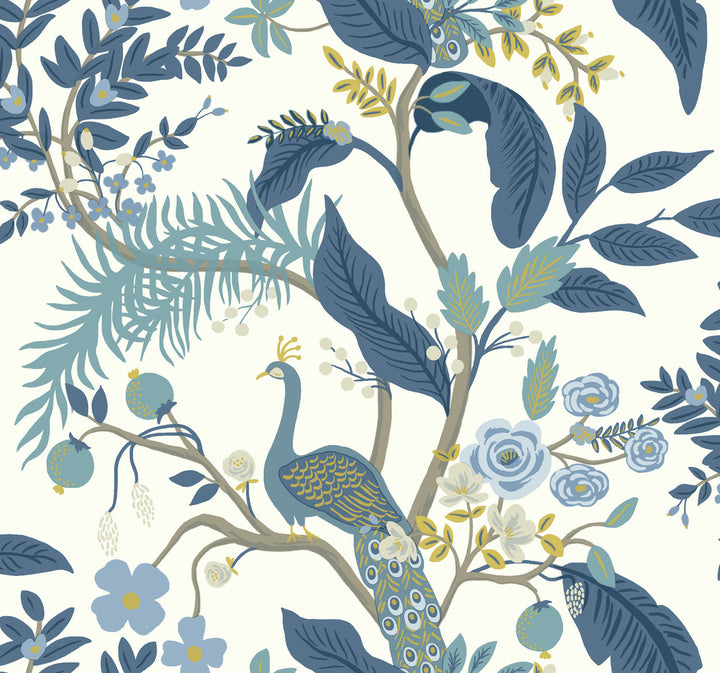 Peacock Blue & White Wallpaper by Rifle Paper Co. Rifle Paper Co. Covers about 60.8 square feet 27-in by 27-ft long roll Unpasted 25.25 - Fabric Carolina -