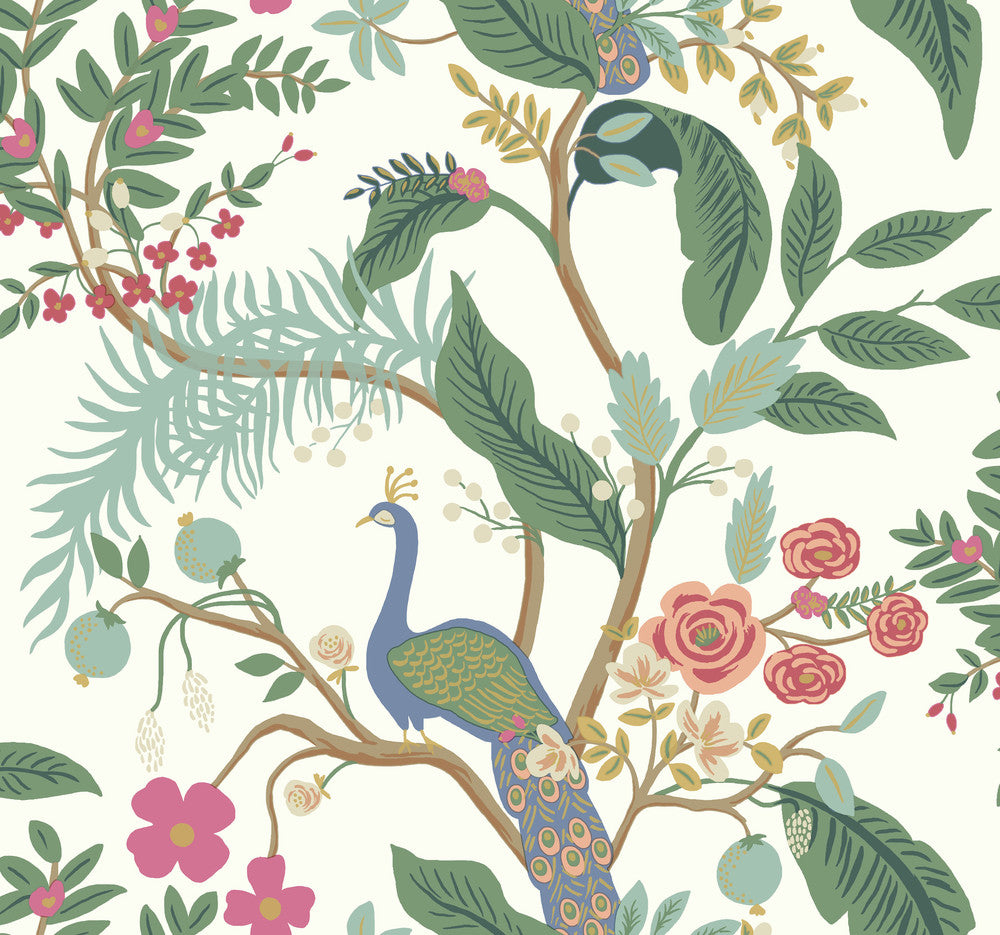 Peacock Periwinkle Wallpaper by Rifle Paper Co. Rifle Paper Co. Covers about 60.8 square feet 27-in by 27-ft long roll Unpasted 25.25 - Fabric Carolina -