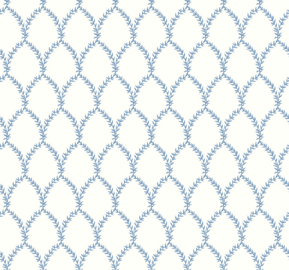 Laurel Blue & White Wallpaper by Rifle Paper Co. Designer Rifle Paper Co. Covers about 60.8 square feet 27-in by 27-ft long roll Unpasted 25.25 - Swanky Fabrics -