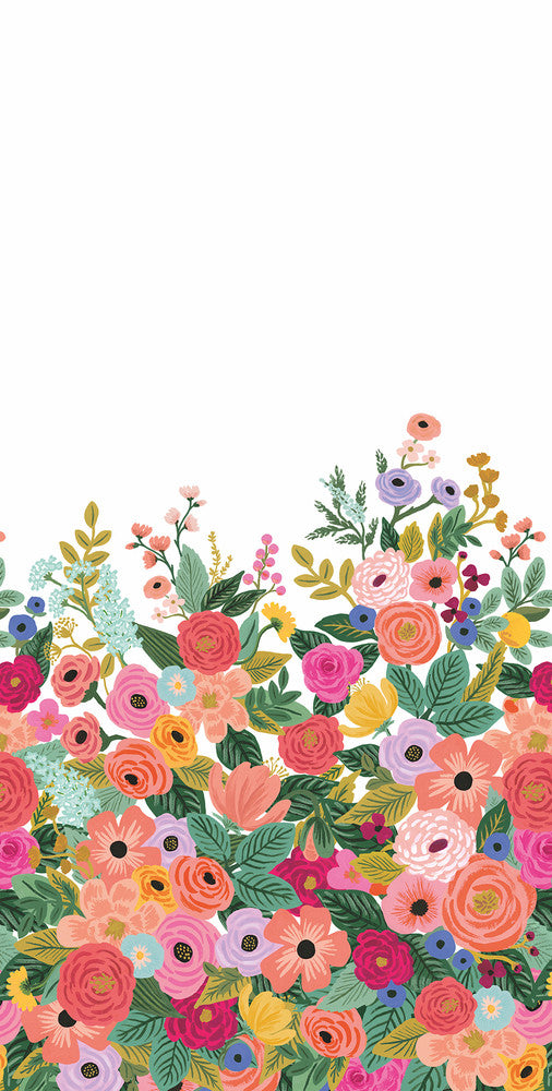 Garden Party Bright Pink Wall Mural by Rifle Paper Co. Rifle Paper Co. 3rd Edition Covers 2 panels - measures 5.5-ft wide by 11.2-ft tall when assembled 33.25-in by 11.2-ft long roll Unpasted 0 - Fabric Carolina -