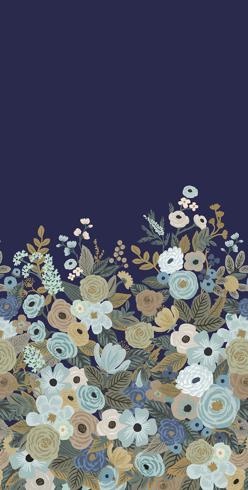 Garden Party Navy Wall Mural by Rifle Paper Co. Rifle Paper Co. 3rd Edition Covers 2 panels - measures 5.5-ft wide by 11.2-ft tall when assembled 33.25-in by 11.2-ft long roll Unpasted 0 - Fabric Carolina -