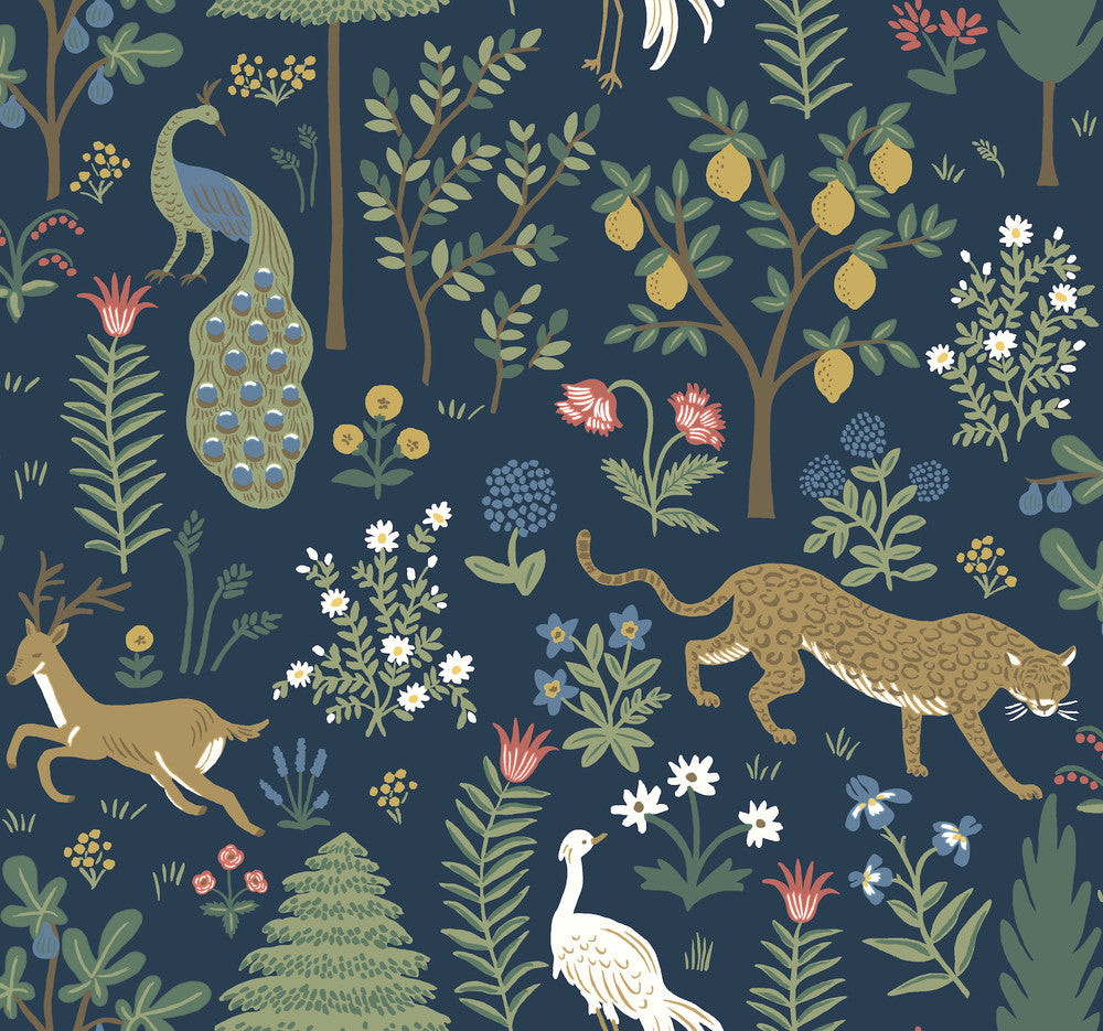 Menagerie Blue & Brown Wallpaper by Rifle Paper Co. Rifle Paper Co. Second Edition Covers about 60.8 square feet 27-in by 27-ft long roll Unpasted 25.25 - Fabric Carolina -