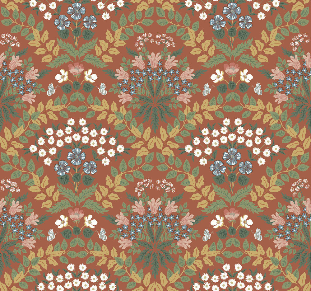 Bramble Red & Green Wallpaper by Rifle Paper Co. Designer Rifle Paper Co. Second Edition Covers about 60.8 square feet 27-in by 27-ft long roll Unpasted 25.25 - Swanky Fabrics -