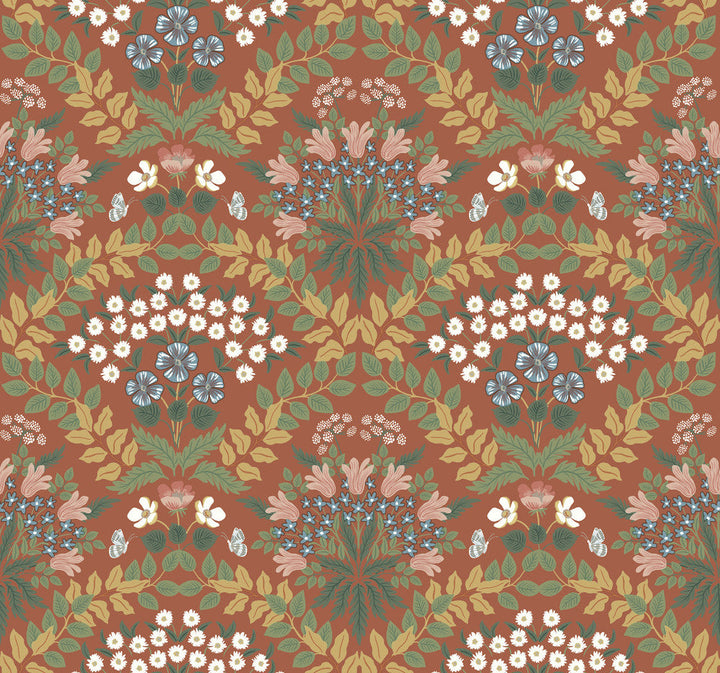 Bramble Red & Green Wallpaper by Rifle Paper Co. Designer Rifle Paper Co. Second Edition Covers about 60.8 square feet 27-in by 27-ft long roll Unpasted 25.25 - Swanky Fabrics -