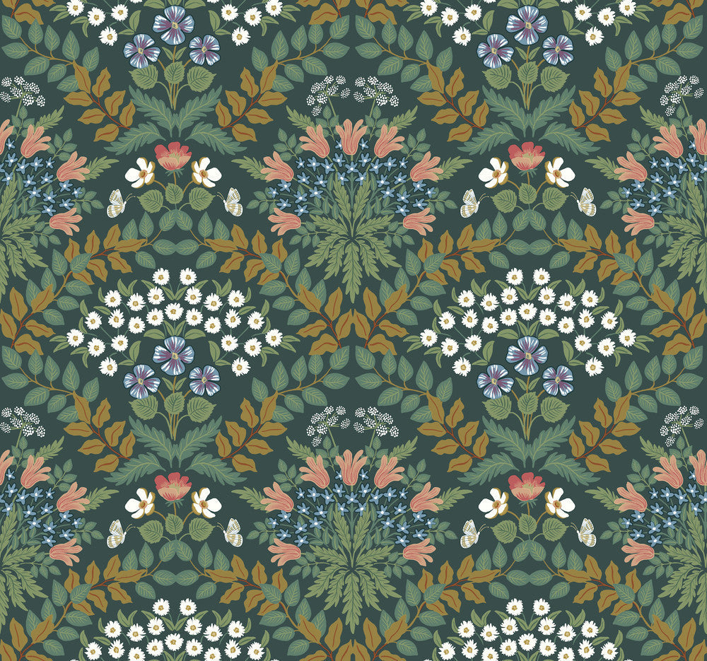 Bramble Green & Gold Wallpaper by Rifle Paper Co. Designer Rifle Paper Co. Second Edition Covers about 60.8 square feet 27-in by 27-ft long roll Unpasted 25.25 - Swanky Fabrics -