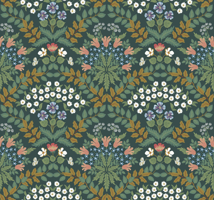 Bramble Green & Gold Wallpaper by Rifle Paper Co. Designer Rifle Paper Co. Second Edition Covers about 60.8 square feet 27-in by 27-ft long roll Unpasted 25.25 - Swanky Fabrics -