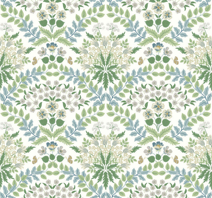 Bramble White & Blue Wallpaper by Rifle Paper Co. Designer Rifle Paper Co. Second Edition Covers about 60.8 square feet 27-in by 27-ft long roll Unpasted 25.25 - Swanky Fabrics -