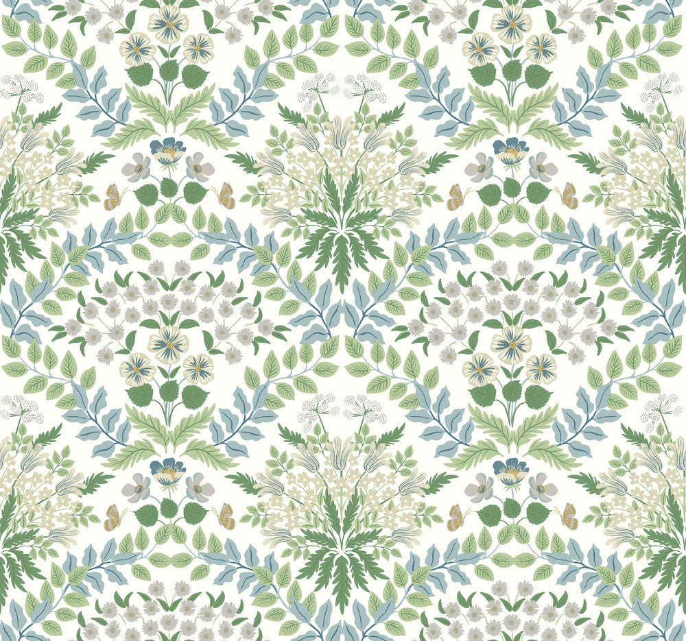 Bramble White & Blue Wallpaper by Rifle Paper Co. Rifle Paper Co. Second Edition Covers about 60.8 square feet 27-in by 27-ft long roll Unpasted 25.25 - Fabric Carolina -