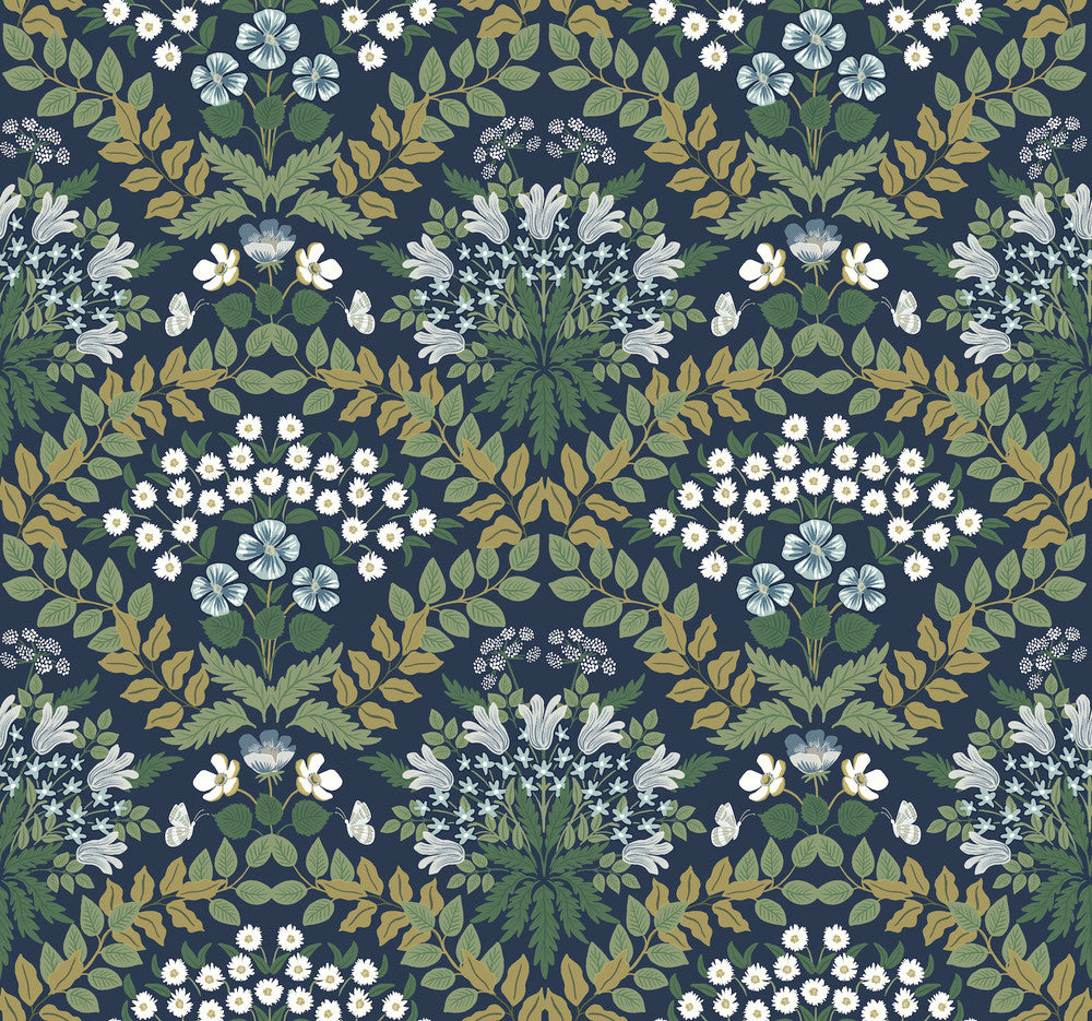 Bramble Navy & Green Wallpaper by Rifle Paper Co. Rifle Paper Co. Second Edition Covers about 60.8 square feet 27-in by 27-ft long roll Unpasted 25.25 - Fabric Carolina -