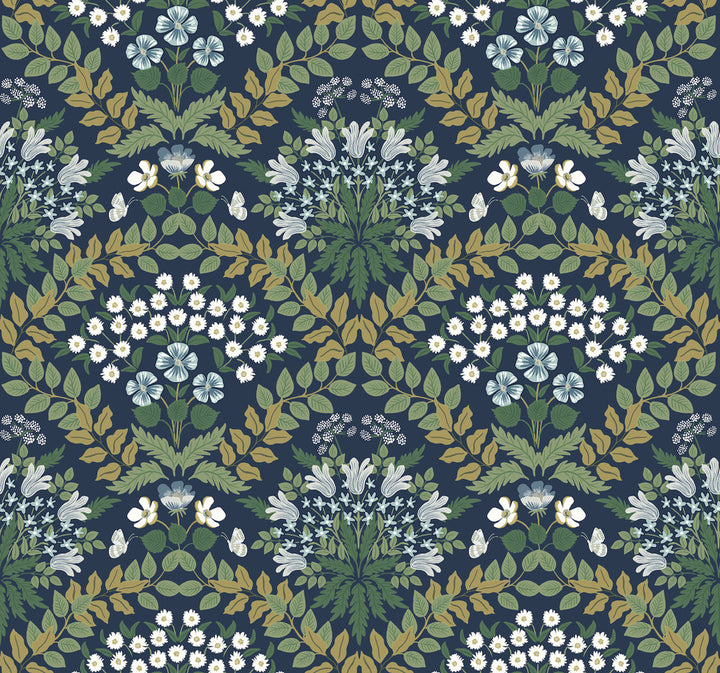 Bramble Navy & Green Wallpaper by Rifle Paper Co. Rifle Paper Co. Second Edition Covers about 60.8 square feet 27-in by 27-ft long roll Unpasted 25.25 - Fabric Carolina -