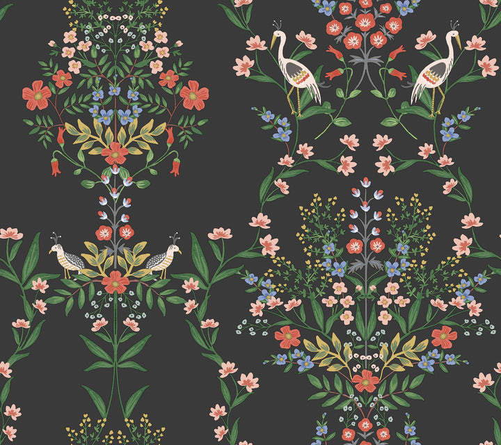 Luxembourg Black Wallpaper by Rifle Paper Co. Rifle Paper Co. Second Edition Covers about 60.8 square feet 27-in by 27-ft long roll Unpasted 24 - Fabric Carolina -