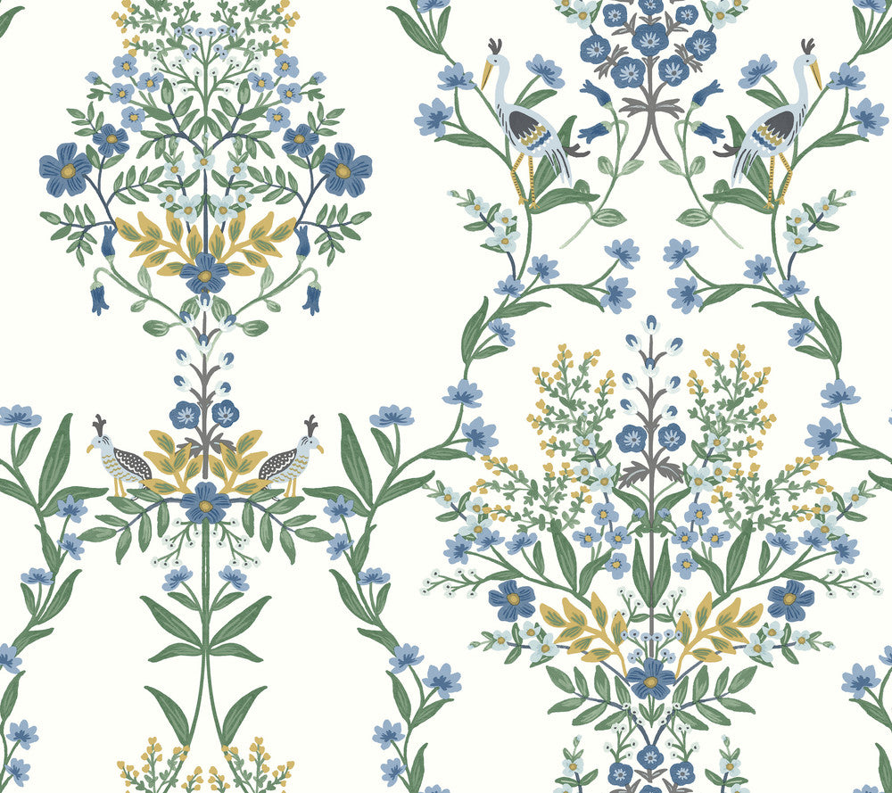 Luxembourg White & Blue Wallpaper by Rifle Paper Co. Designer Rifle Paper Co. Second Edition Covers about 60.8 square feet 27-in by 27-ft long roll Unpasted 24 - Swanky Fabrics -