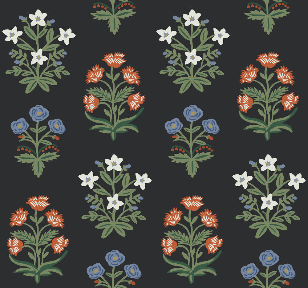 Mughal Rose Black & Pink Wallpaper by Rifle Paper Co. Rifle Paper Co. Second Edition Covers about 60.8 square feet 27-in by 27-ft long roll Unpasted 25.25 - Fabric Carolina -