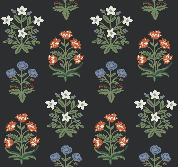 Mughal Rose Black & Pink Wallpaper by Rifle Paper Co. Rifle Paper Co. Second Edition Covers about 60.8 square feet 27-in by 27-ft long roll Unpasted 25.25 - Fabric Carolina -