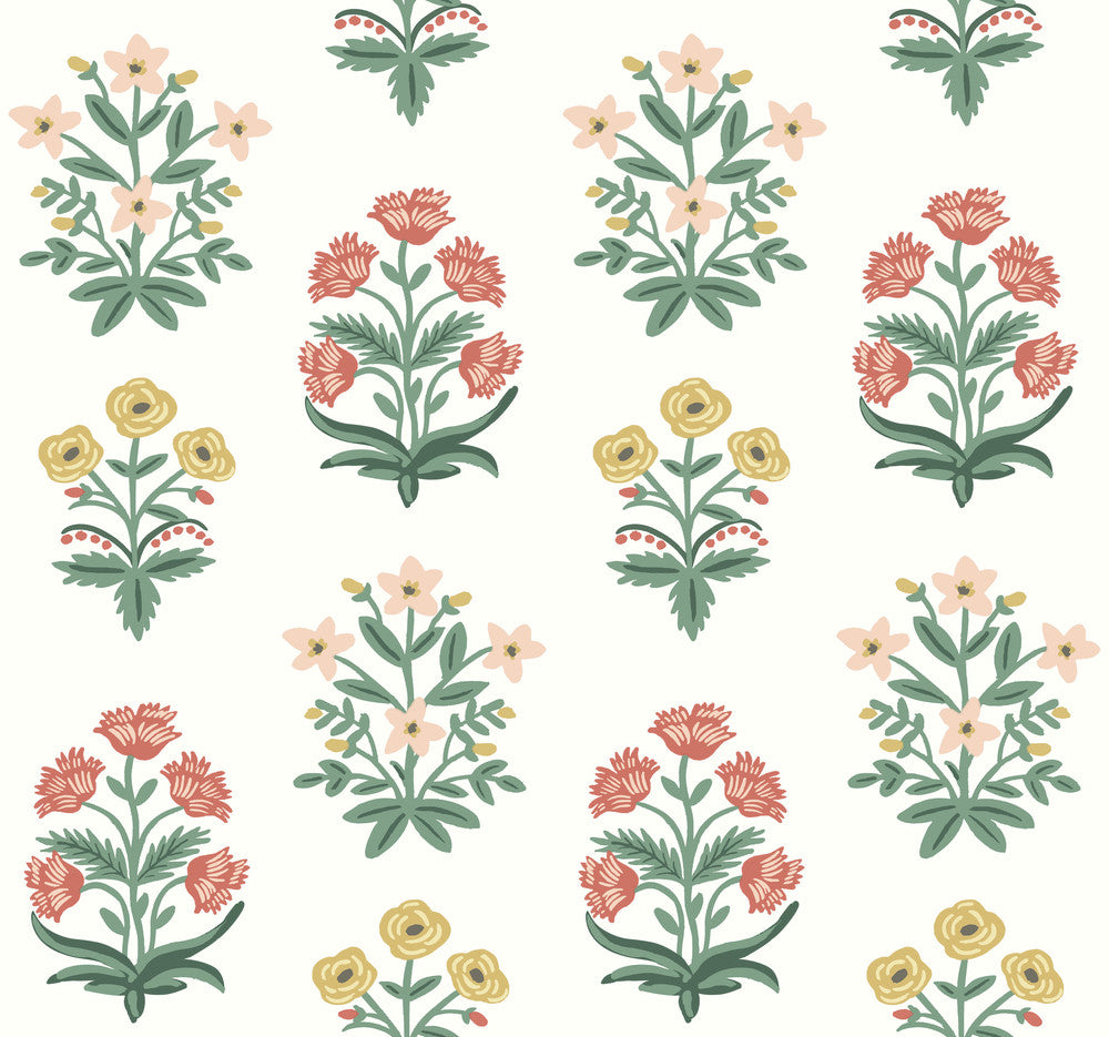Mughal Rose White & Pink Wallpaper by Rifle Paper Co. Rifle Paper Co. Second Edition Covers about 60.8 square feet 27-in by 27-ft long roll Unpasted 25.25 - Fabric Carolina -