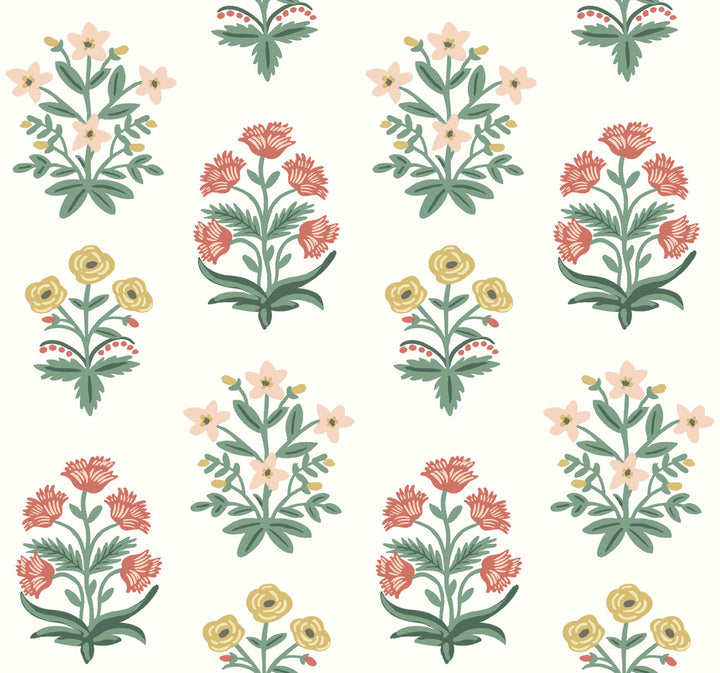 Mughal Rose White & Pink Wallpaper by Rifle Paper Co. Rifle Paper Co. Second Edition Covers about 60.8 square feet 27-in by 27-ft long roll Unpasted 25.25 - Fabric Carolina -