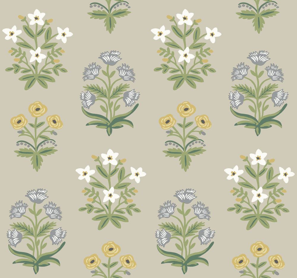 Mughal Rose Beige & Purple Wallpaper by Rifle Paper Co. Rifle Paper Co. Second Edition Covers about 60.8 square feet 27-in by 27-ft long roll Unpasted 25.25 - Fabric Carolina -