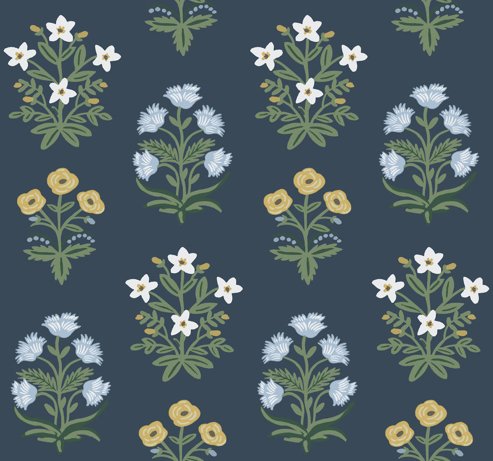 Mughal Rose Blue & Purple Wallpaper by Rifle Paper Co. Rifle Paper Co. Second Edition Covers about 60.8 square feet 27-in by 27-ft long roll Unpasted 25.25 - Fabric Carolina -