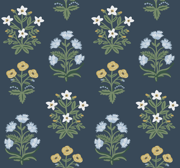 Mughal Rose Blue & Purple Wallpaper by Rifle Paper Co. Rifle Paper Co. Second Edition Covers about 60.8 square feet 27-in by 27-ft long roll Unpasted 25.25 - Fabric Carolina -