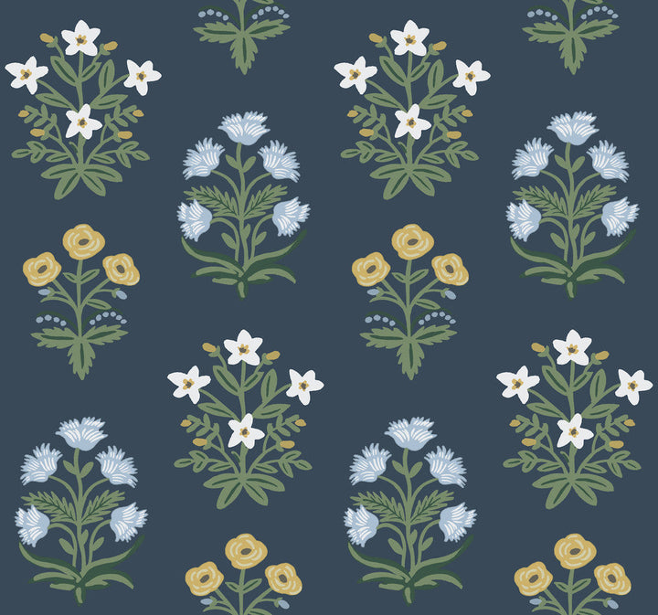 Mughal Rose Blue & Purple Wallpaper by Rifle Paper Co. Designer Rifle Paper Co. Second Edition Covers about 60.8 square feet 27-in by 27-ft long roll Unpasted 25.25 - Swanky Fabrics -