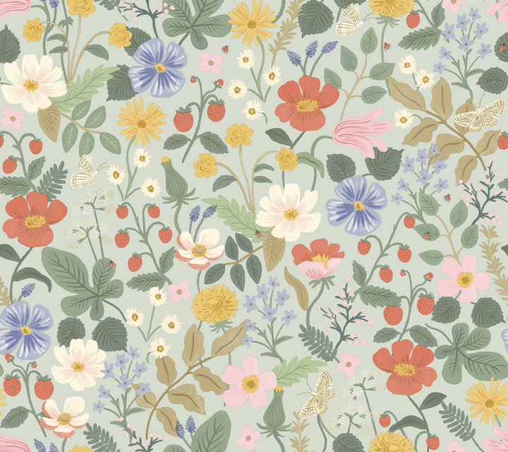 Strawberry Fields Green & Pink Wallpaper by Rifle Paper Co. Rifle Paper Co. Second Edition Covers about 60.8 square feet 27-in by 27-ft long roll Unpasted 24 - Fabric Carolina -
