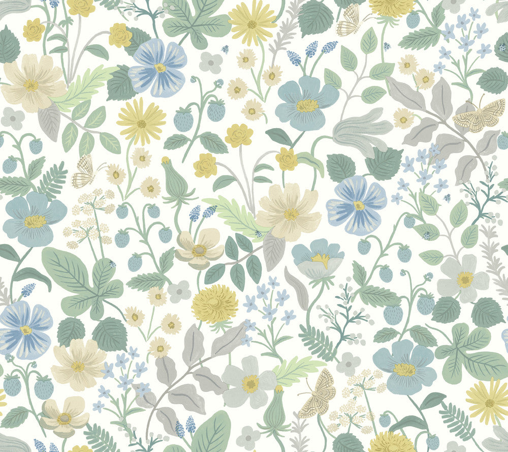 Strawberry Fields White & Green Wallpaper by Rifle Paper Co. Rifle Paper Co. Second Edition Covers about 60.8 square feet 27-in by 27-ft long roll Unpasted 24 - Fabric Carolina -