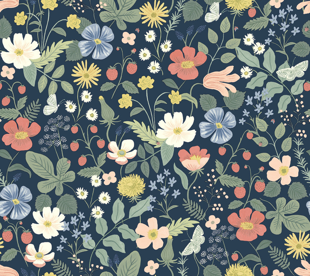 Strawberry Fields Blue & Pink Wallpaper by Rifle Paper Co. Rifle Paper Co. Second Edition Covers about 60.8 square feet 27-in by 27-ft long roll Unpasted 24 - Fabric Carolina -