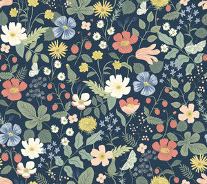 Strawberry Fields Blue & Pink Wallpaper by Rifle Paper Co.