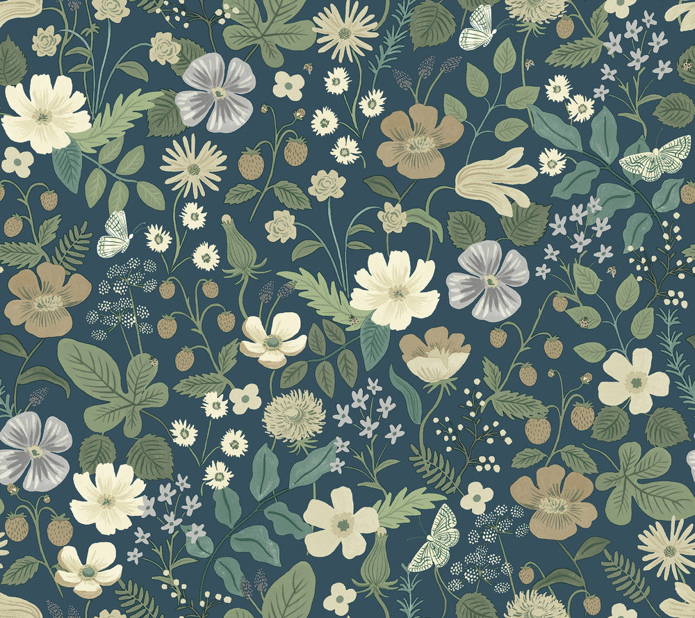 Strawberry Fields Blue & Green Wallpaper by Rifle Paper Co. Rifle Paper Co. Second Edition Covers about 60.8 square feet 27-in by 27-ft long roll Unpasted 24 - Fabric Carolina -