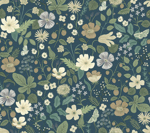 Strawberry Fields Blue & Green Wallpaper by Rifle Paper Co.