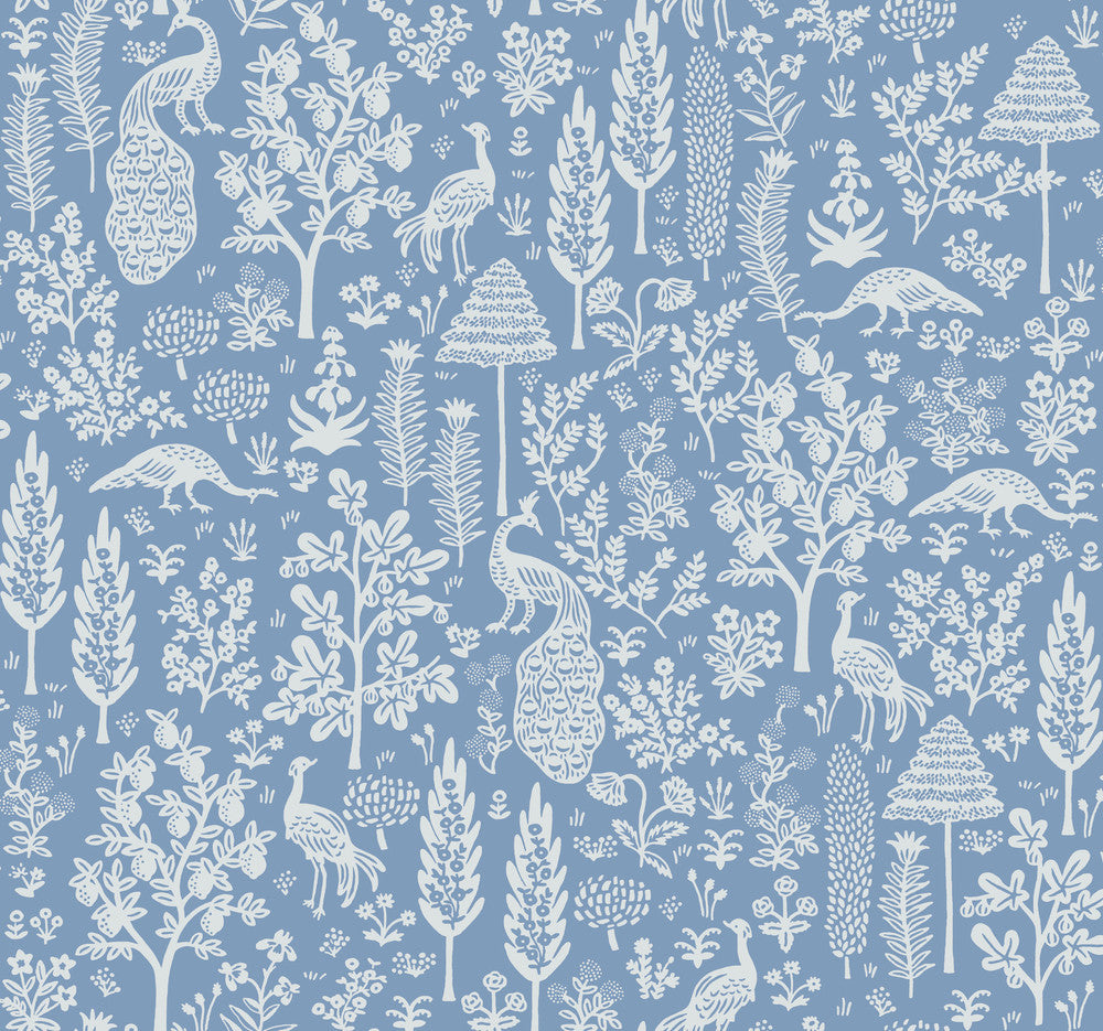 Menagerie Toile Light Blue Wallpaper by Rifle Paper Co. Rifle Paper Co. Second Edition Covers about 60.8 square feet 27-in by 27-ft long roll Unpasted 25.25 - Fabric Carolina -
