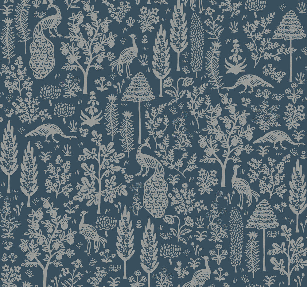 Menagerie Toile Dark Blue Wallpaper by Rifle Paper Co. Rifle Paper Co. Second Edition Covers about 60.8 square feet 27-in by 27-ft long roll Unpasted 25.25 - Fabric Carolina -