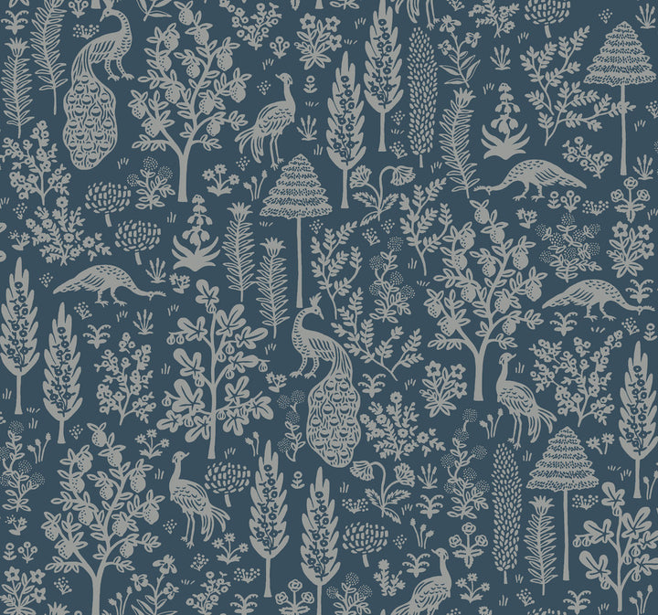 Menagerie Toile Dark Blue Wallpaper by Rifle Paper Co. Rifle Paper Co. Second Edition Covers about 60.8 square feet 27-in by 27-ft long roll Unpasted 25.25 - Fabric Carolina -